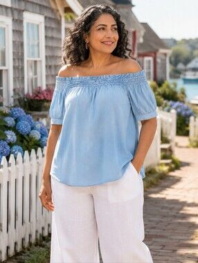 Melanie Lyne Tencel Off Shoulder Smocked Blouse NWT Blue Size 18